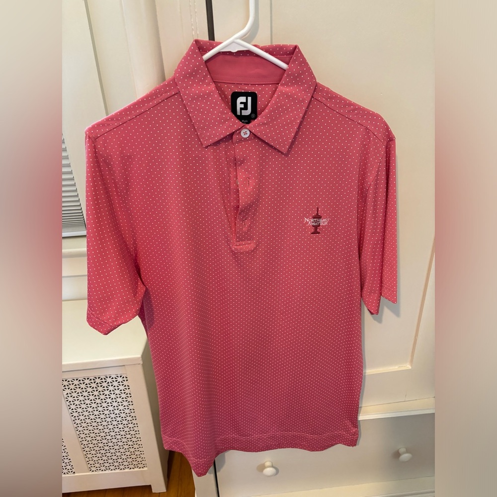 FootJoy Polo; Color: Red w/ White Dots; Size: Small; Northeast Amateur Logo